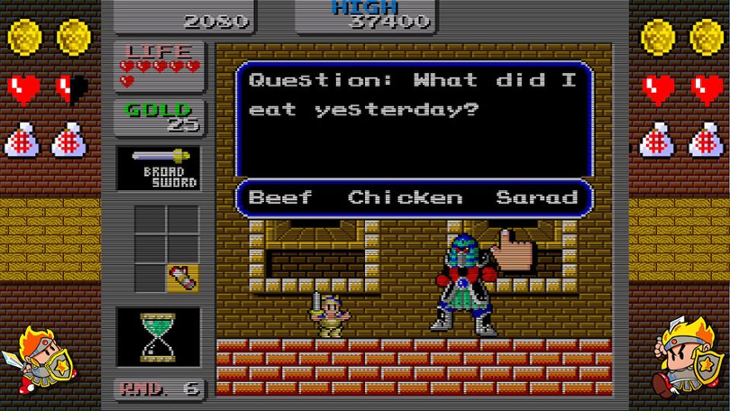Sfinxen i Wonder Boy in Monster Land AGES äter nötkött, kyckling eller ... sarrad? 