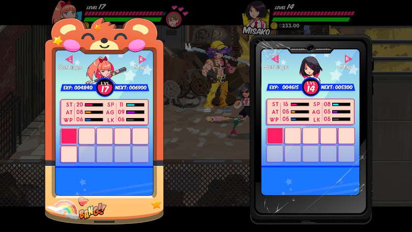 Statusskärmen i River City Girls: en smartphone per spelare med jargong som spelet inte går genom med en. 