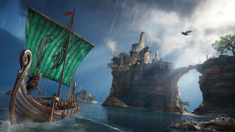 Assassin's Creed Valhalla, vikingaskepp längst stormig kust.