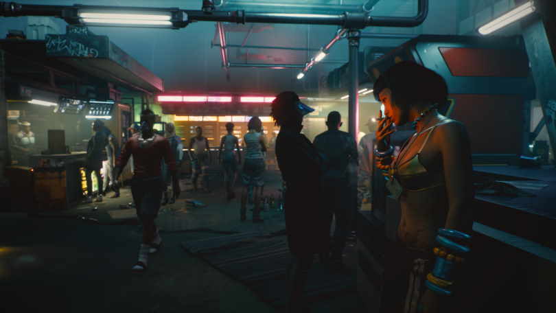 En marknad i Pacifica från Cyberpunk 2077.