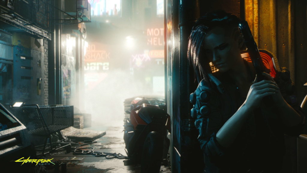 V gömmer sig i en gränd i Cyberpunk 2077.