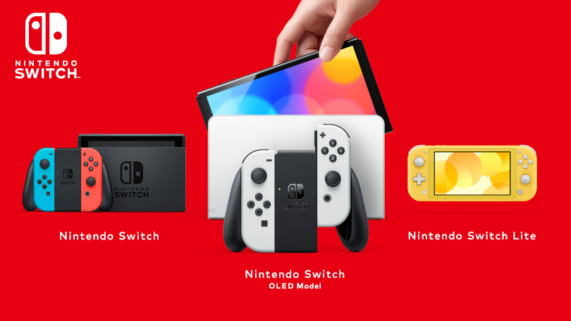 Nintendo Switch OLED tillsammans med sina syskon.