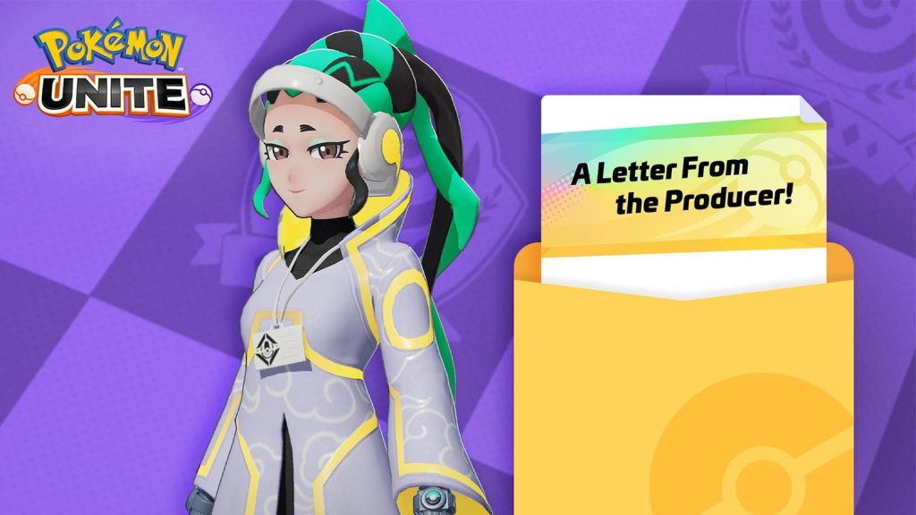Karaktär från Pokémon UNITE som står bredvid ett brev från spelets producent.