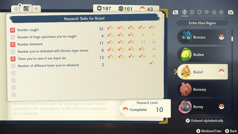 Pokemon Legends Arceus: Buizels request ger lätt spelaren en sådan här checklista.