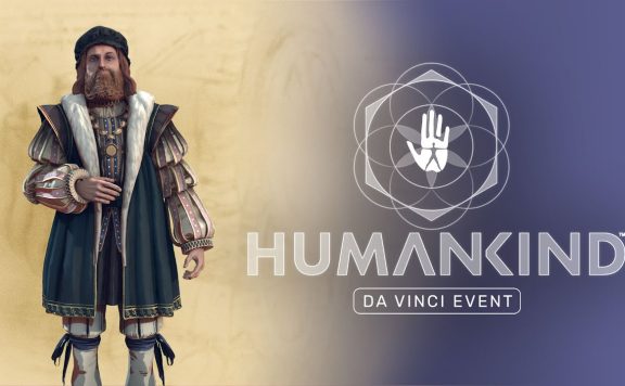 Leonardo Da Vinci står bredvid loggan för Humankind. Spelet Humankind har ett Da Vinci Event i sig.
