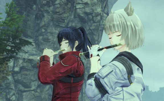 Två karaktärer från Xenoblade Chronicles 3 spelar flöjt