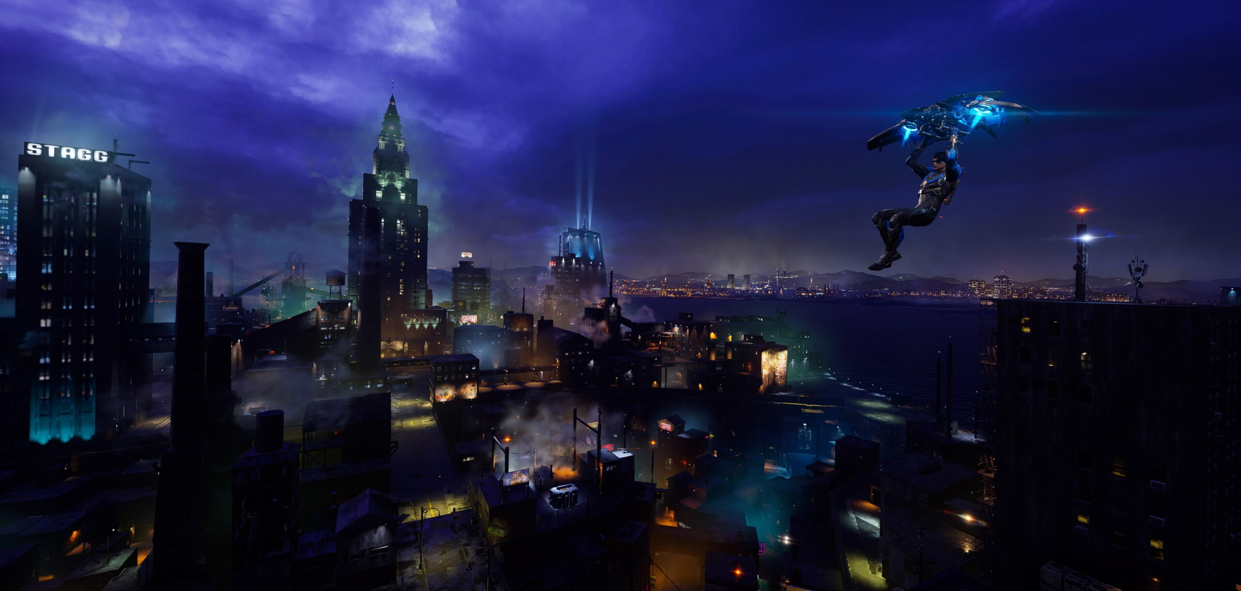 Gotham Knights Nightswing flyger över staden.