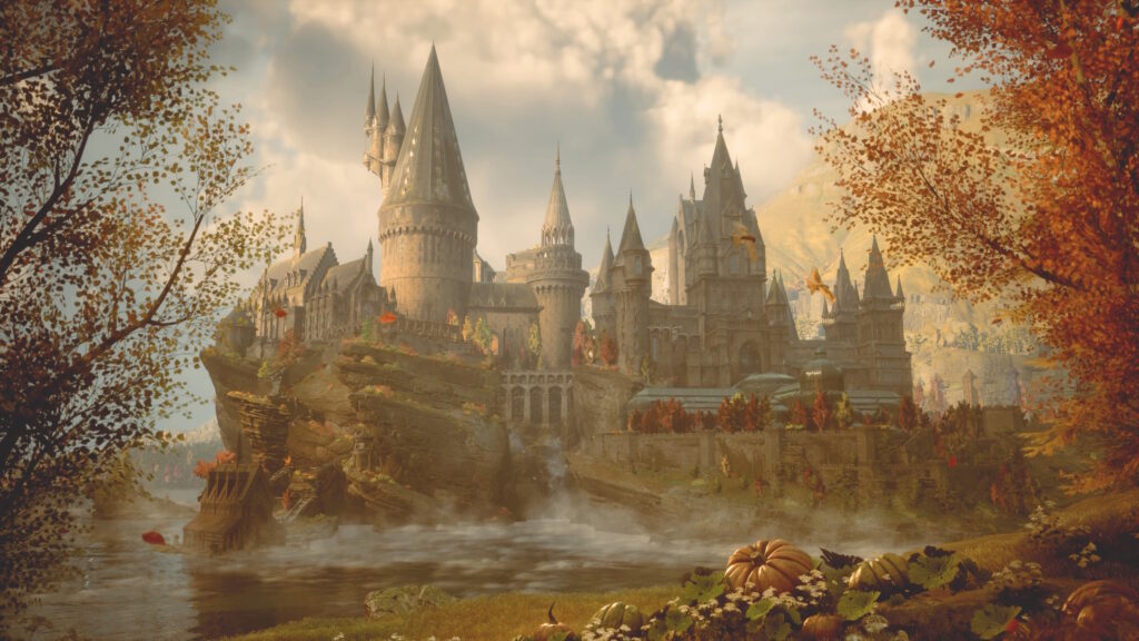 Hogwarts Legacy recension, en storslagen vy över Hogwarrts när hösten infaller.